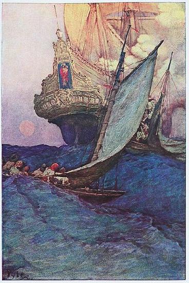 An Attack on a Galleon: illustration of pirates approaching a ship, Howard Pyle